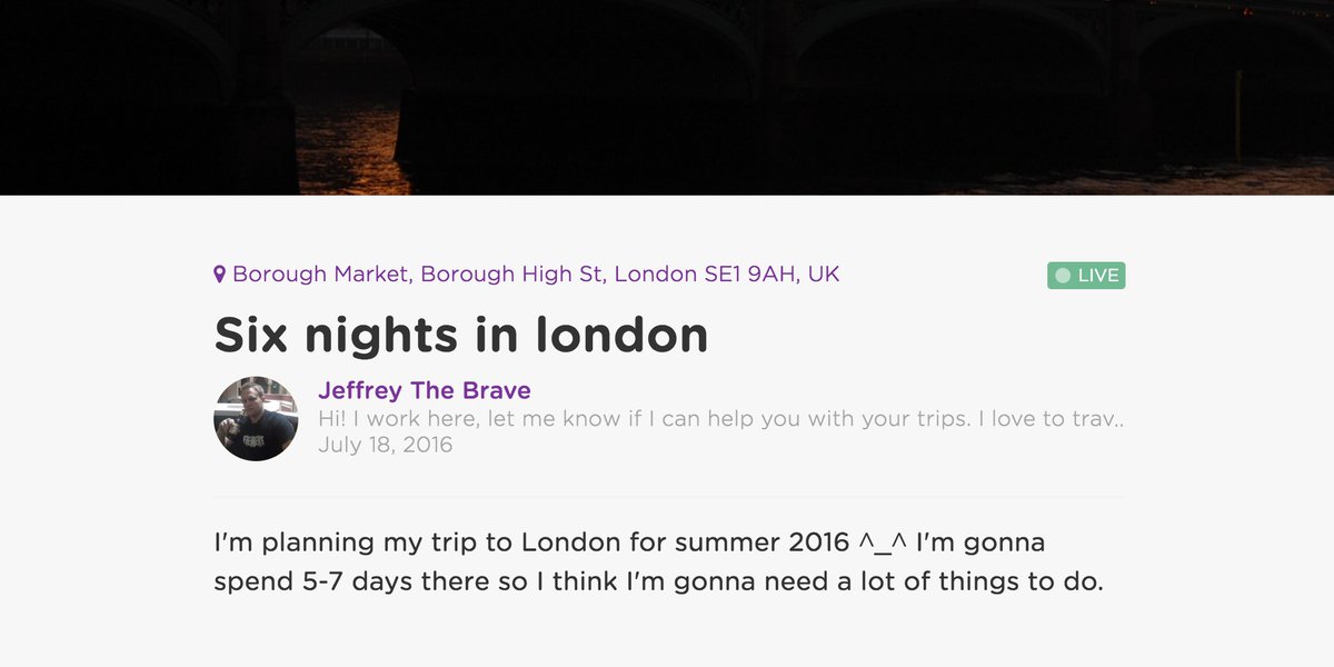 postcardtrips's tweet photo. LIVE: Follow Jeffrey the Brave as he explores #London-town for 6 nights! https://t.co/n7Xh8AcU94 https://t.co/1yEXXd9XTy