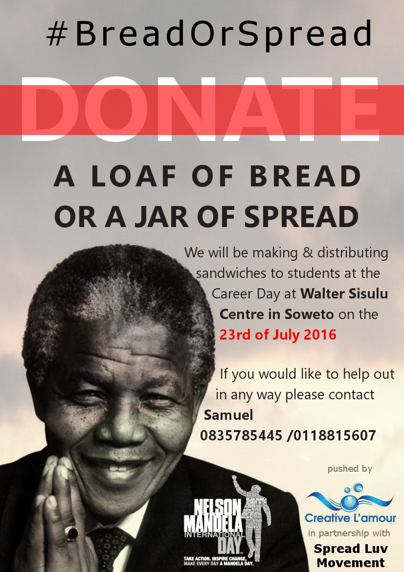 CreativeLamour's tweet photo. What are you doing to inspire change? Join us this Saturday #NelsonMandelaDay #BreadOrSpread #67Minutes #MadibaDay https://t.co/xWQIJiUt2f