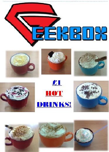 GeekBoxComics's tweet image. Are you ready for our #mondaymood uplift? Try our £1 hot drinks! Lactose free and much more on offer, TODAY ONLY!