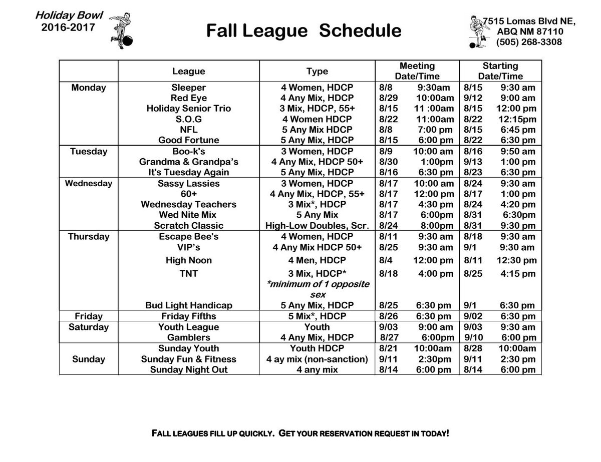 Fall League Schedule is out!! Plenty to choose from! Call us at 5052683308 for any additional information!