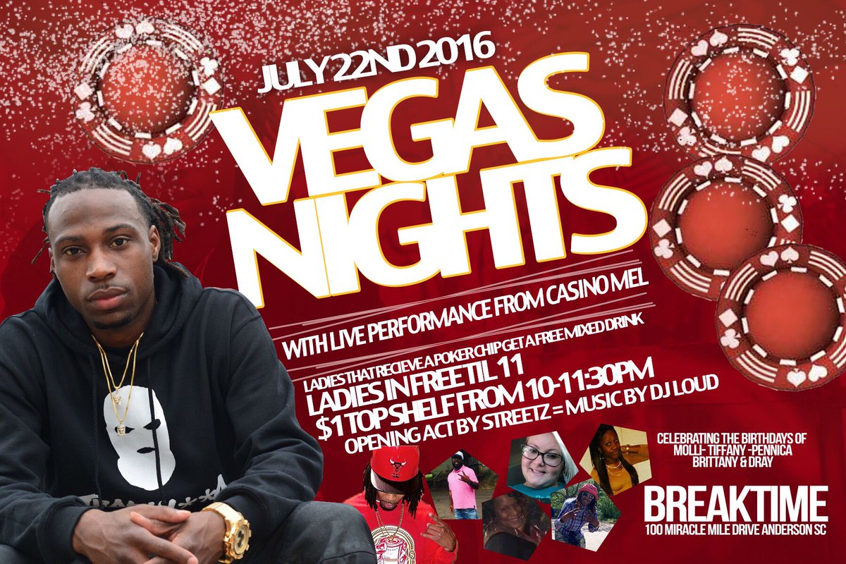 <a href="/iamcasinomel/">Casino Mel</a> &amp; "Streetz" performing live at BREAKTIME in Anderson SC FRI July 22nd music by <a href="/LOUDdaDJ/">Dj Loud</a> #VegasNights