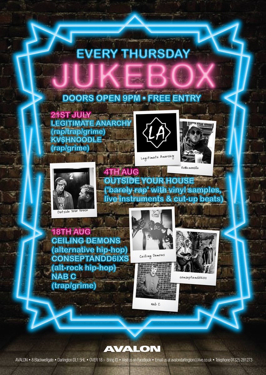 This Thursday's special guests at <a href="/Avalon_Darlo/">Avalon Darlington</a> are the superb <a href="/kvshnoodle/">KUSH</a> &amp; <a href="/LegitAnarchy_SE/">Legitimate Anarchy</a>.
#trap #grime #hiphop