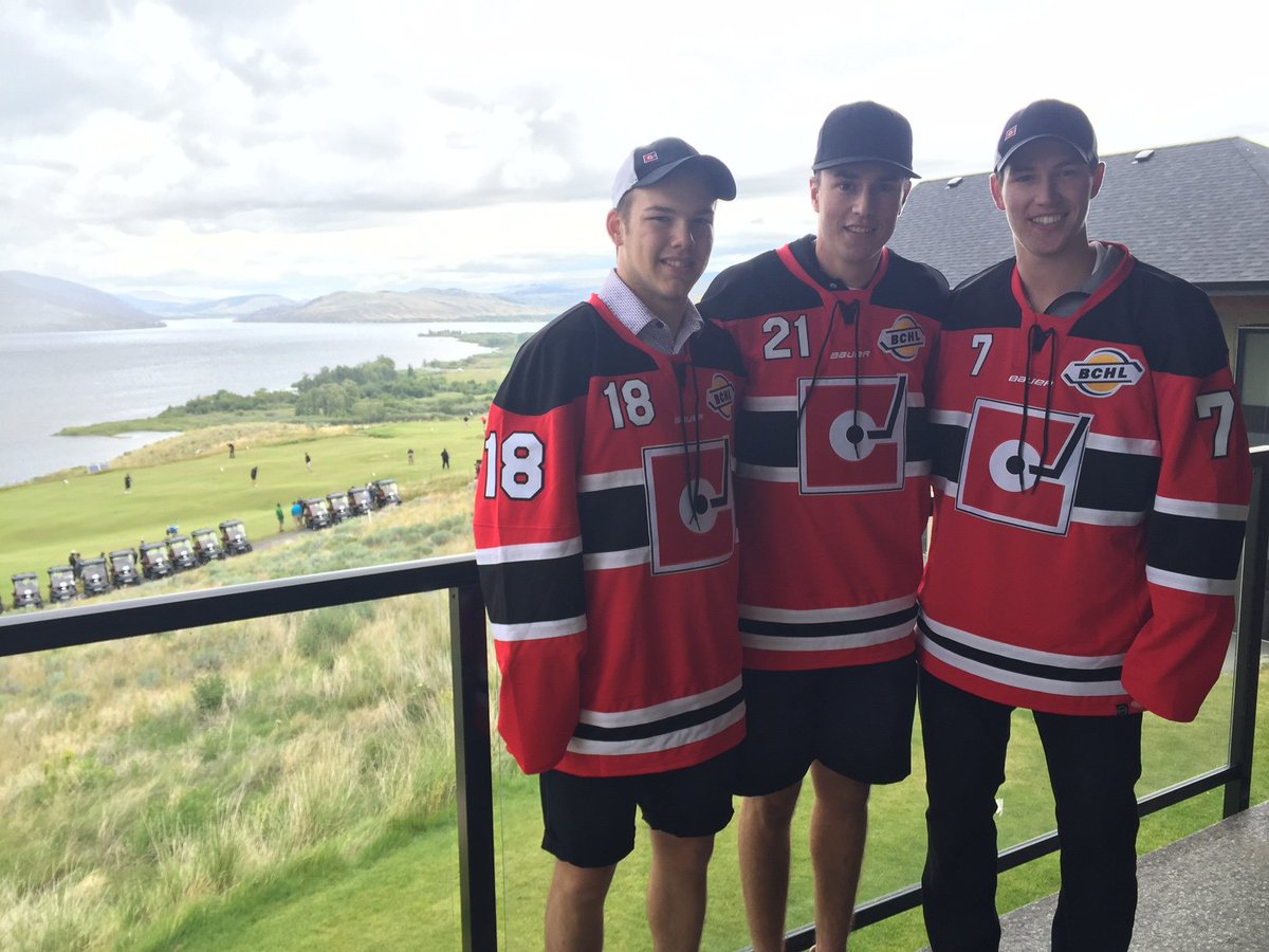 Tyler Ward, Nick Fidanza, and Tyrell Buckley in the new Centennials jerseys at Sagebrush on the weekend! #BCHL
