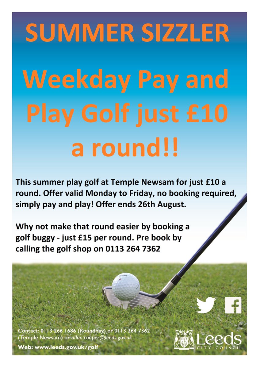 LeedsParks's tweet photo. Pay and play golf just Β£10 a round Mon to Fri #golf #summergolf #leedsgolf #payandplay #lccgolf https://t.co/MrGmh7Kw3C