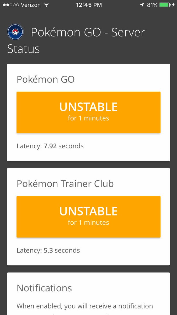 GoPokemonStatus's tweet image. #PokemonGo Server Status: UNSTABLE
