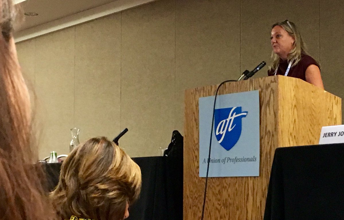 AFTCT's tweet photo. #AFTCT prez @Hochadel_Jan shares #ReclaimOurSchls Walk-Ins experience w/#AFT16 delegates. #AFT100 @ReclaimOurSchls https://t.co/CBsVXS53oi