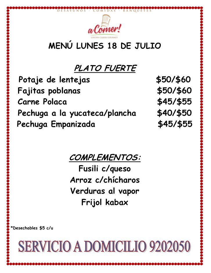 aComerMerida's tweet image. #AComer Potaje de lentejas, Fajitas poblanas, Carne Polaca, Pechugas. Pedidos Tel 9202050
Watsapp 9999979750