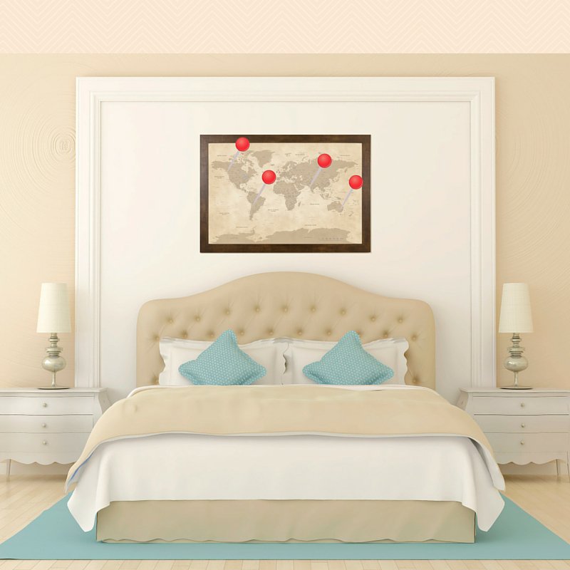 PushPinMaps's tweet image. A #PinMap for over the bed? Why not! Go to sleep dreaming about future travel destinations! #InteriorDesign #WallArt