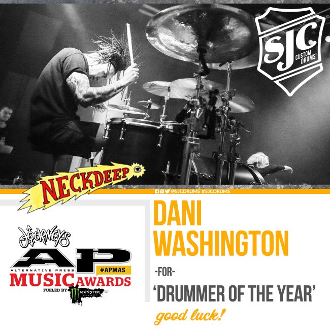 Good luck to our homie @DaniNeckDeep tonight at the #apmas where he's up for #drummeroftheyear #sjcdrums #sjcfamily