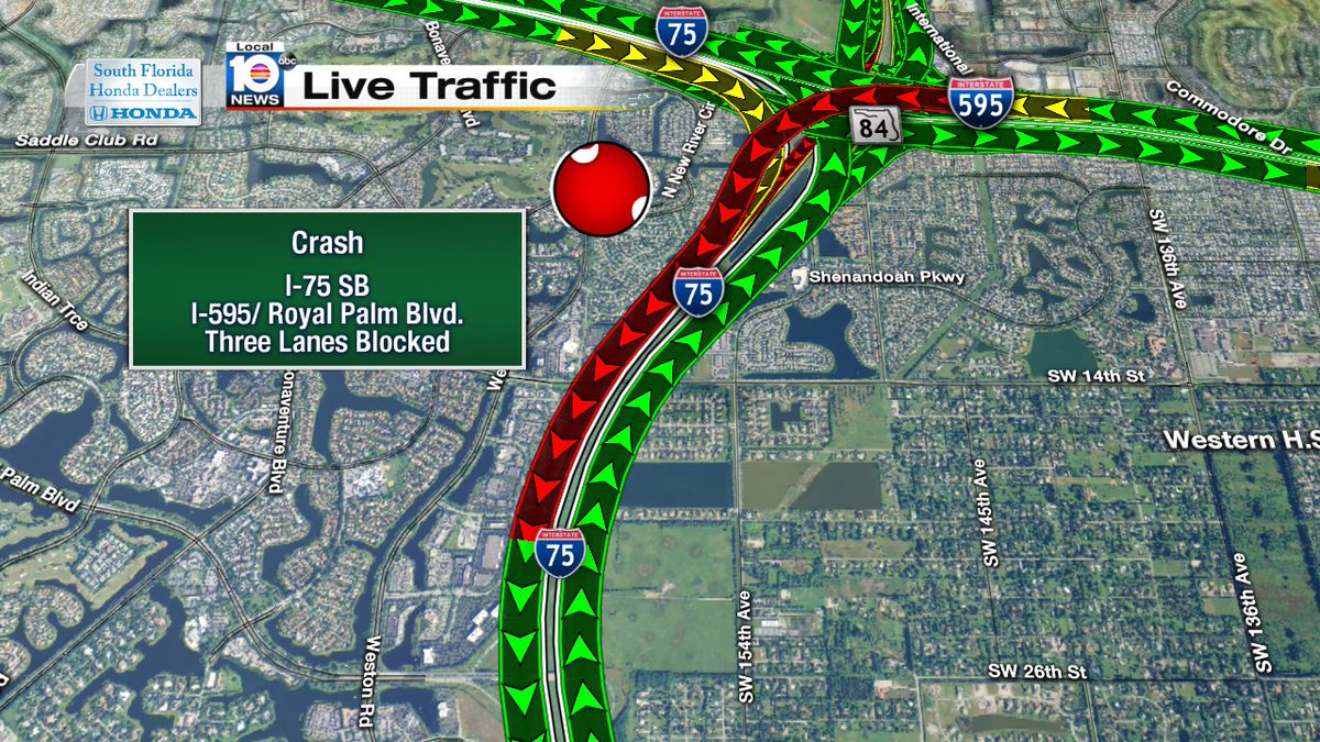 CRASH: I-75 SB after I-595 around Royal Palm Blvd. 3 lanes are blocked. #TRAFFIC https://t.co/Hr1fL5wrT2