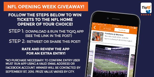Panthers360's tweet photo. Win a pair of home opener tickets!

To enter:
1. RT
2. Download &amp; run @TiqIQ's app >> https://t.co/lVs4pCMVek https://t.co/JN92DZkz3l