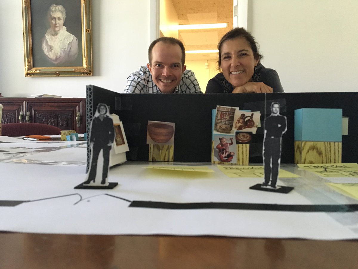 HearstMuseum's tweet photo. Head of Education Adam Nilsen and Brianna Cutts of the Sibbett Group are working on a model of our opening exhibit! https://t.co/eIX9USQRE8