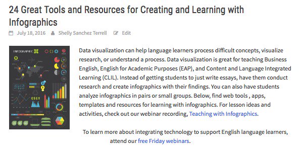 ShellTerrell's tweet photo. 24 Great Tools and Resources for Creating and Learning with Infographics  https://t.co/KFVha137I5 #edtech #ESL https://t.co/qfOnL2B1UN