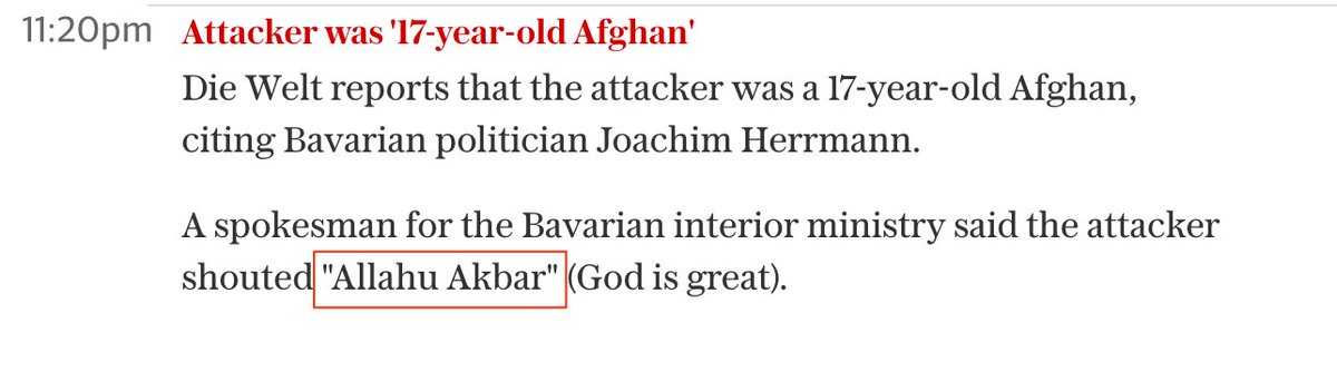 Afghan Muslim shouted Allahu Akbar during German train axe attack