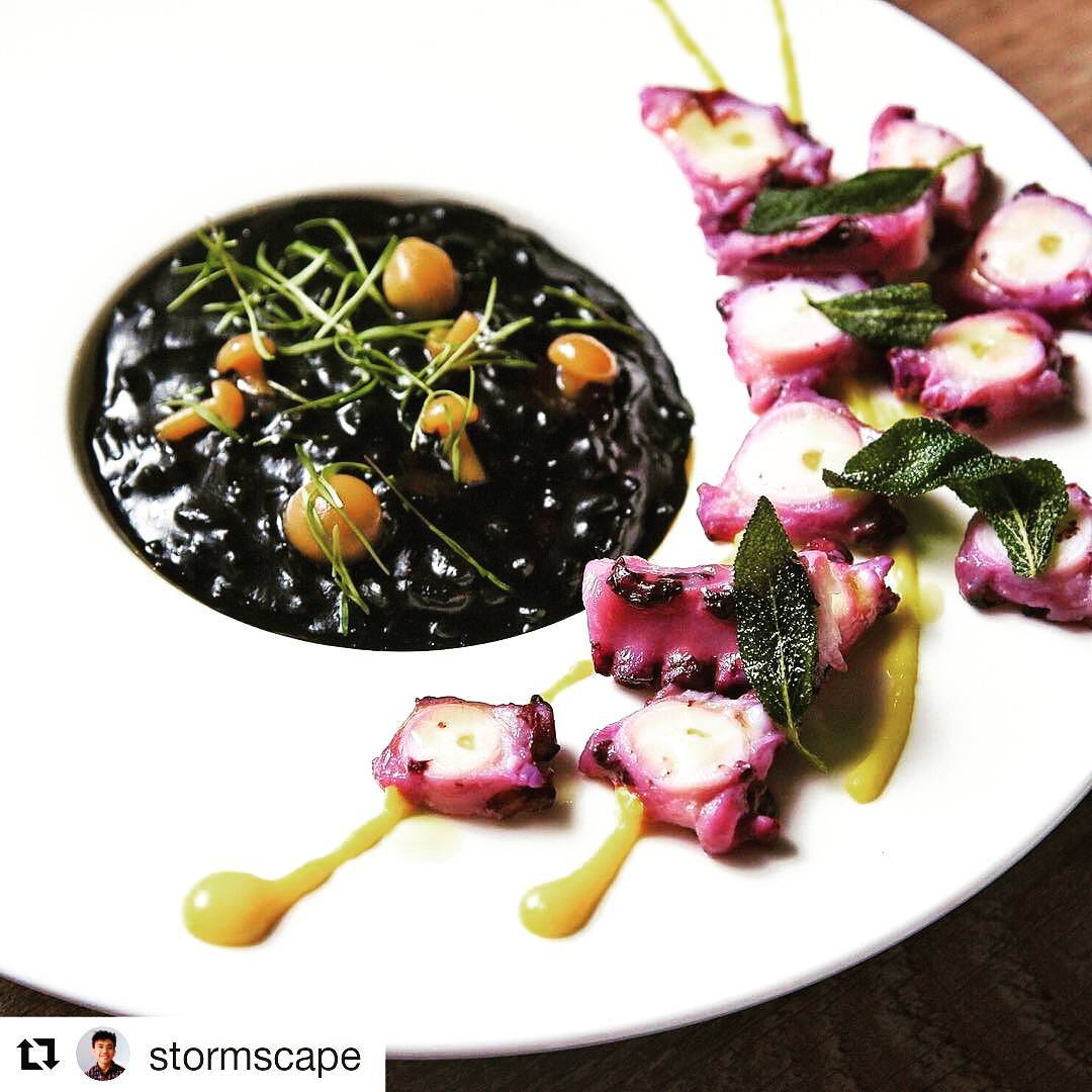 FoodTastic's tweet photo. PURPLE Octopus, Rich Squid Ink Risotto with Saffron Lemon Curd.. #FoodPorn #creativeplate Follow @stormscape  on IG https://t.co/I3OJ8NNv1G