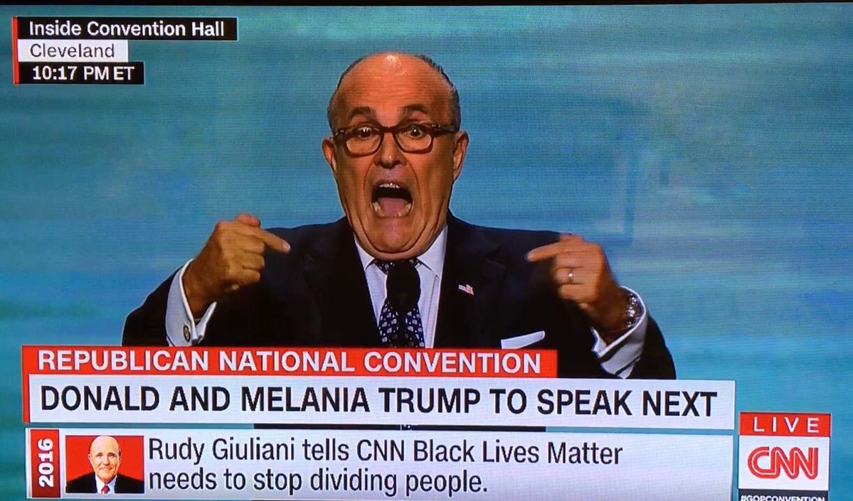 GoodFundies's tweet photo. Everyone, I have good news. We found Bat Boy. He's as happy as always. #RNCinCLE #Giuliani https://t.co/4AMGV4kDtI