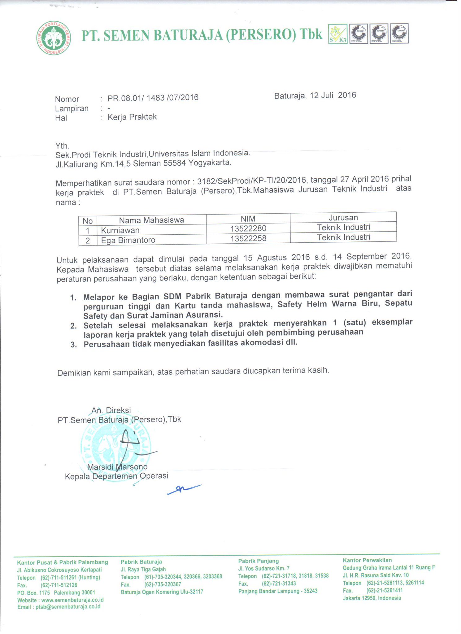 UÅ¾ivatel proditiuii na Twitteru „ suratbalasanKPTIUII Balasan KP PT Semen Baturaja Mhs Kurniawan & Ega Bimantoro… “