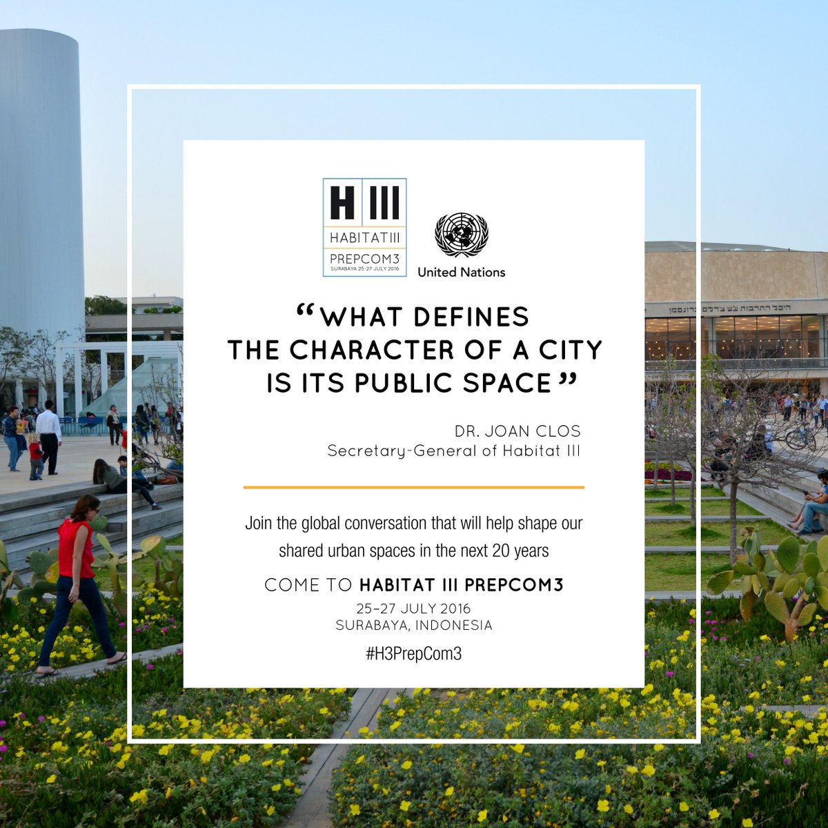 Habitat3UN's tweet photo. “What defines the character of a city is its public space” @Joanclos. #H3PrepCom3 https://t.co/VmmhmPLTys https://t.co/65lnviQp9f