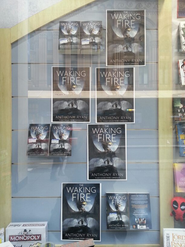 luckienicky's tweet photo. The exhilarating #WakingFire is the star in the window @galaxybookshop @writer_anthony @HachetteAus #DraconisMemoria https://t.co/tPg9vU4qtN