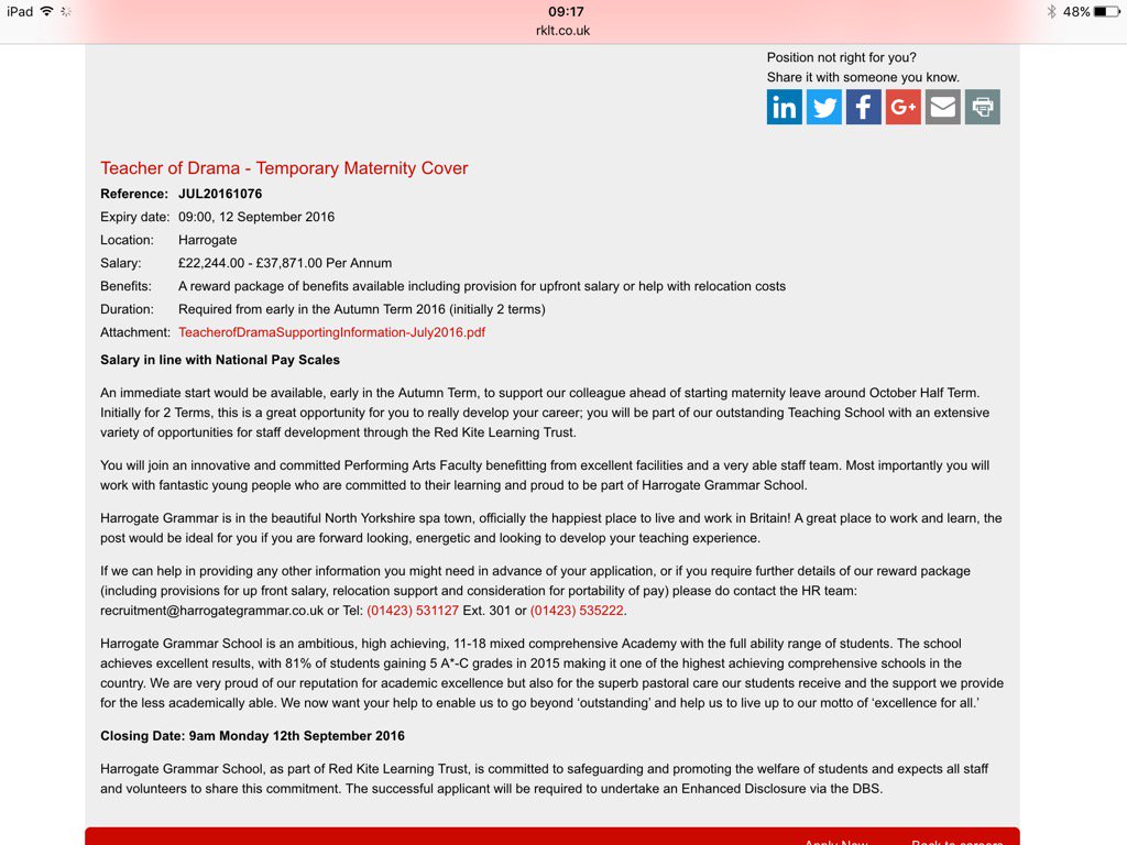 A fantastic opportunity....drama teacher post <a href="/HarrogateGS/">Harrogate Grammar School</a>