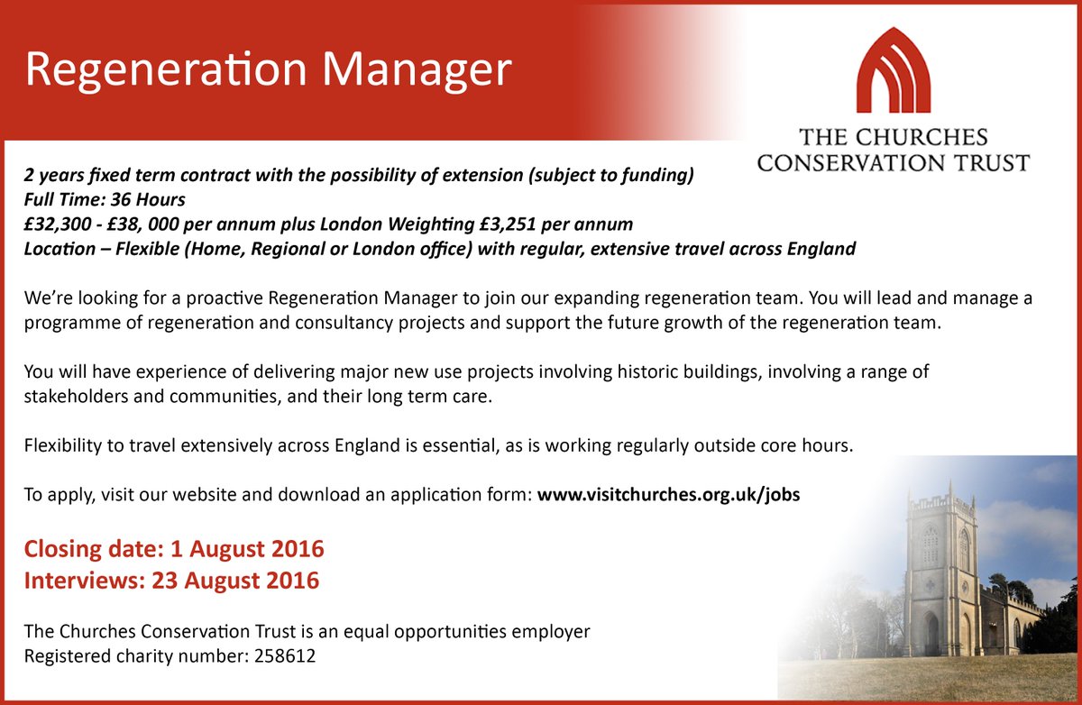 PublicSectorUK's tweet photo. The Churches Conservation Trust are looking to recruit a Regeneration Manager! #publicsector #charity https://t.co/8vRiwTD5lj