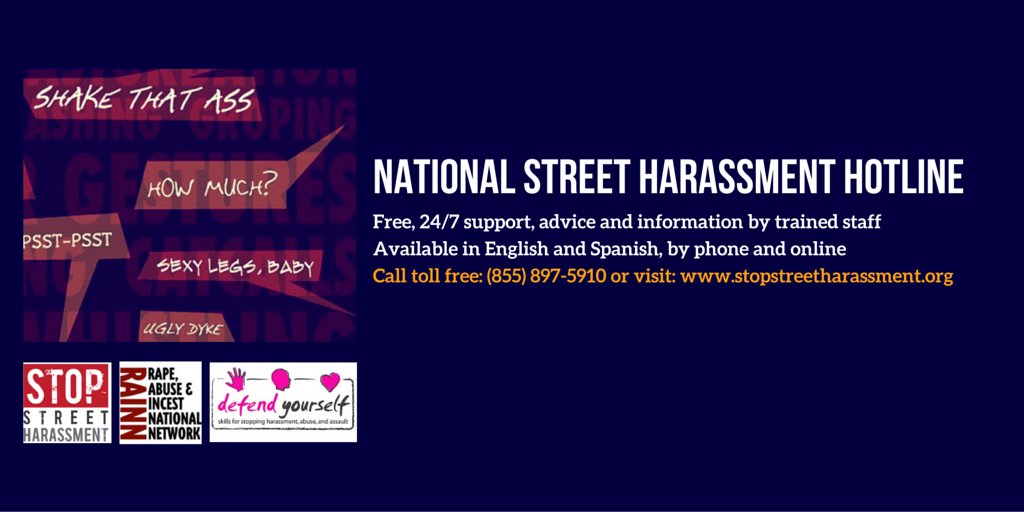 StopStHarassmnt's tweet photo. National #streetharassment hotline launches TODAY! Free, 24/7 support, English/Spanish. Call: 855-897-5910. #EndSH https://t.co/MSKB71z1iR