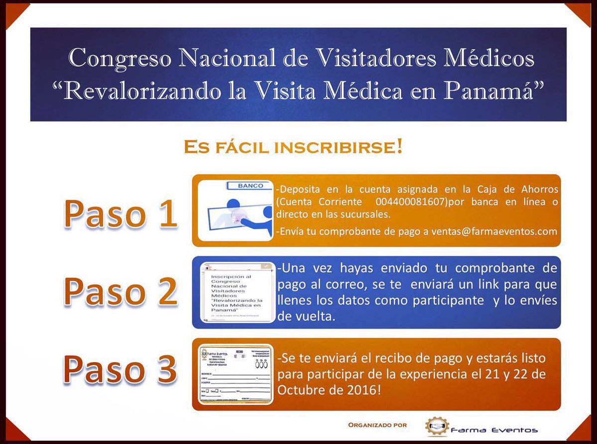 farmaeventos's tweet photo. Es fácil Inscribirse en el #congreso Nal. de #VisitadoresMédicos "Revalorizando la Visita Médica en Panamá" #Panamá https://t.co/J9uR1NA8yS