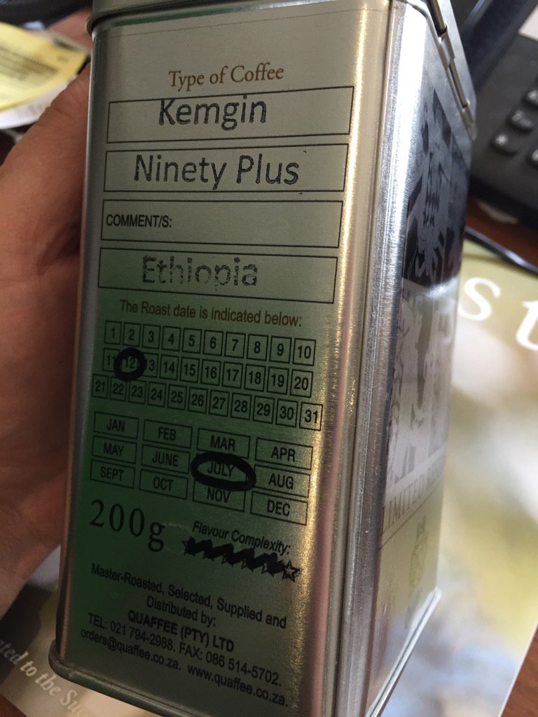 QuaffeeSA's tweet photo. The last tin of our current batch of @ninetyplus #Kemgin. Packed and ready for @mattinafrica and @cuthberticus https://t.co/s9GnRLPGnb
