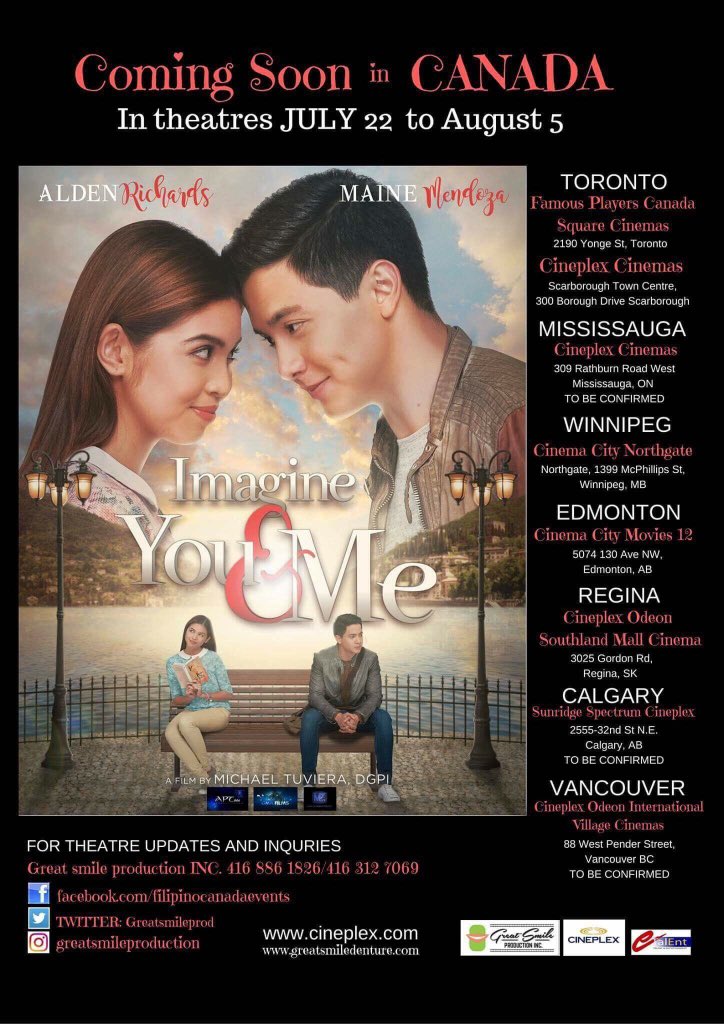 gmapinoytv's tweet photo. #TeamAbroad sa Canada, #ImagineYouAndMe is coming to theaters near you! Check out the poster for the scheds! See ya! https://t.co/8F7TGO5G7w