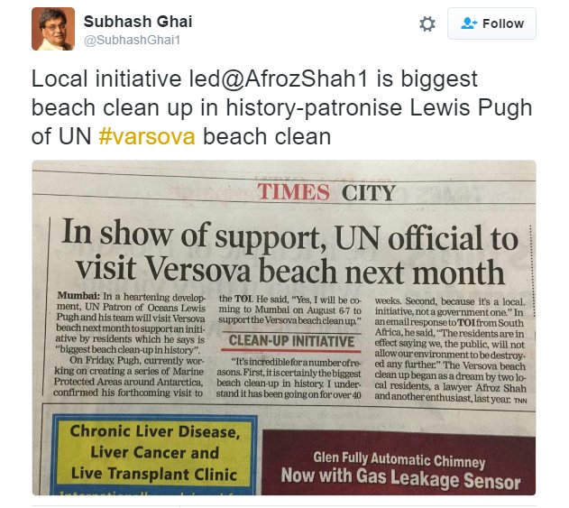 .#SwachhBharat 
<a href="/VersovaBeach/">Clean Up Versova</a>🌊:1 Million kg of Plastic Removed
Biggest Beach Clean-up In History:UN Patron of Oceans