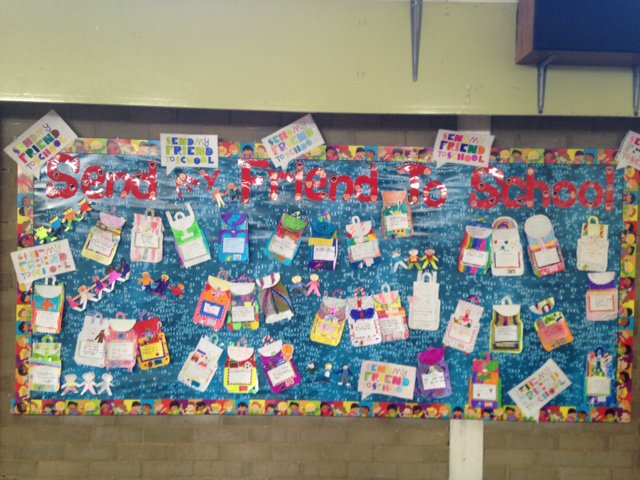 Send my friend to school rucksacks on display in the hall. Well done to the children who took part. #michaeldugher