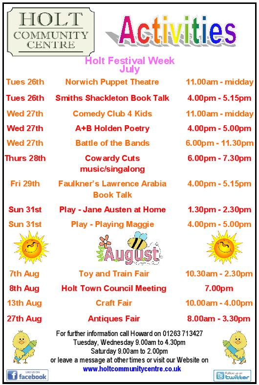 holtcommunity's tweet photo. Holt Festival Week 26th-31st July Events at the Holt CC 
@NNorfolkLiving @nnrofficial @BBCNorfolk @JustRegional https://t.co/EYbhrVajPp