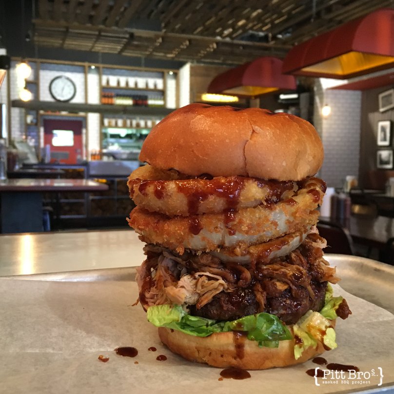 PittBrosBBQ's tweet photo. Sometimes size does matter! Our new BBBQ burger - St Louis beef patty, Pitt Bros pulled pork &amp; crispy onion rings. https://t.co/N7Rz5CyXHp