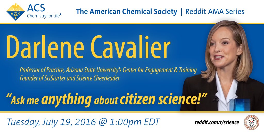 AmerChemSociety's tweet photo. Join Darlene Cavalier @SciStarter @CSPO_ASU r/science #AMA on #citizenscience at 1pm EDT https://t.co/b4BDrbhLjd https://t.co/v5JzBm99BH