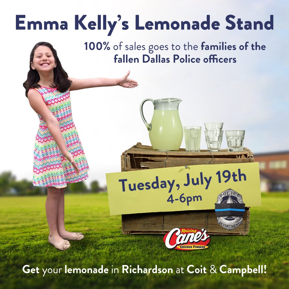 kellierasberry's tweet image. EK's selling lemonade at @Raising_Canes Coit &amp;amp; Campbell in Richardson to raise money for families of fallen officers