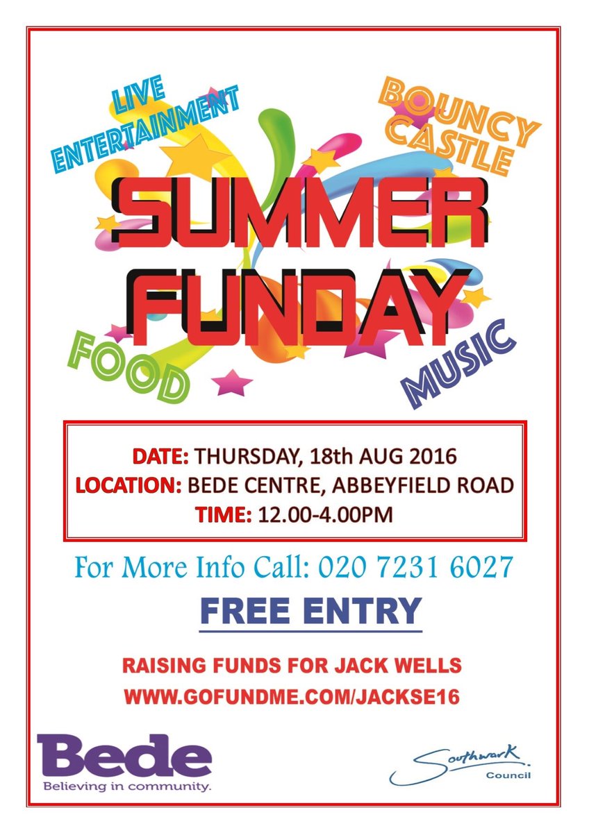 bedehouse's tweet photo. END OF SUMMER FUNDAY: 18 Aug, 12-4pm.  Free entry.  All welcome: Bede Centre, Abbeyfield Road, SE16 2BS https://t.co/B78bW8uHLa