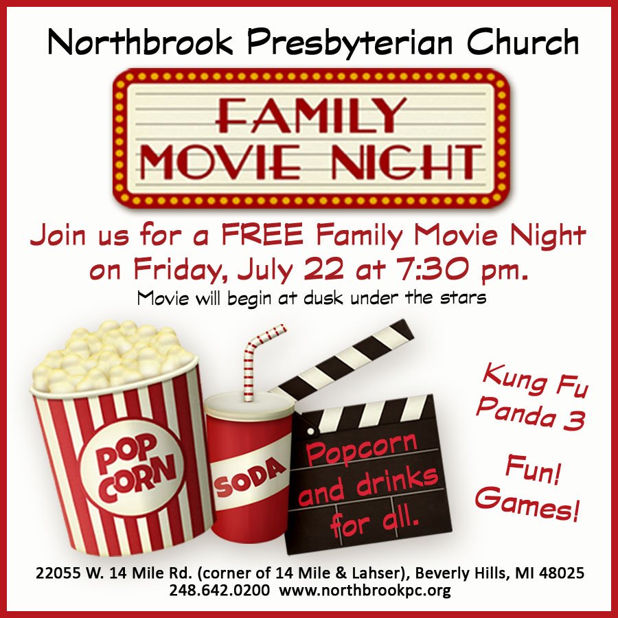 Free Family Movie Night at Northbrook this Fri. at 7:30. Fun, games, popcorn &amp; a movie, rain or shine.  All welcome!
