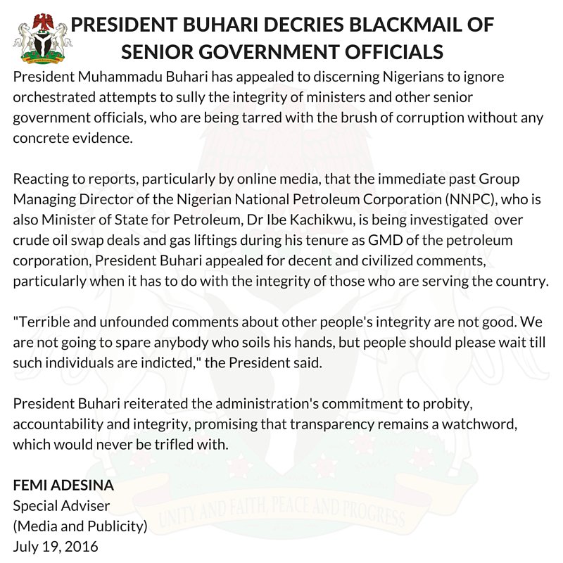 PRESS RELEASE: PRESIDENT BUHARI DECRIES BLACKMAIL OF SENIOR GOVERNMENT OFFICIALS