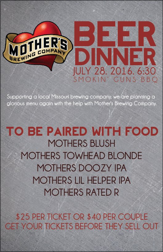 csbev's tweet photo. KC 'cue meets Springfield brew! Join us 7/28 for a @MothersBrewing Beer Dinner at @SmokinGunsBBQ! #RSVPASAP https://t.co/9jpcyKw4As