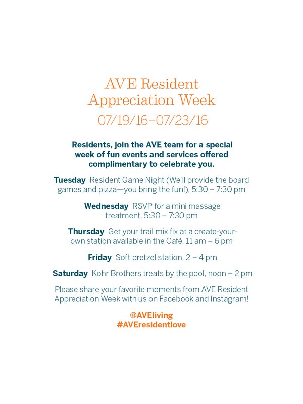 AVEClifton's tweet photo. AVE Residents, today kicks off Resident Appreciation Week
with games and pizza at 5:30pm in the café! #livebetter https://t.co/TMKNQ7ZW6j
