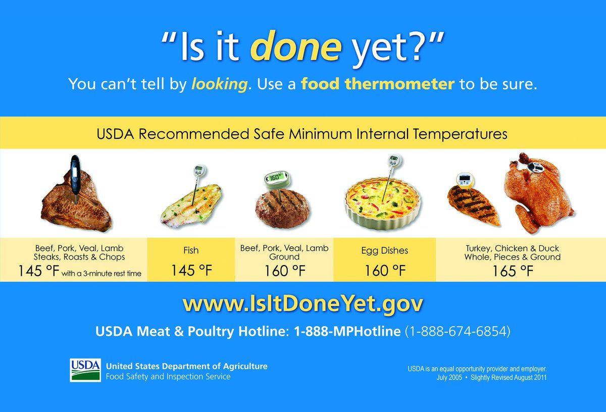 USDAFoodSafety's tweet photo. You can't tell if your food is cooked by looking at the color. The only way to know is to use a food thermometer! https://t.co/rpUnsmH6Wm