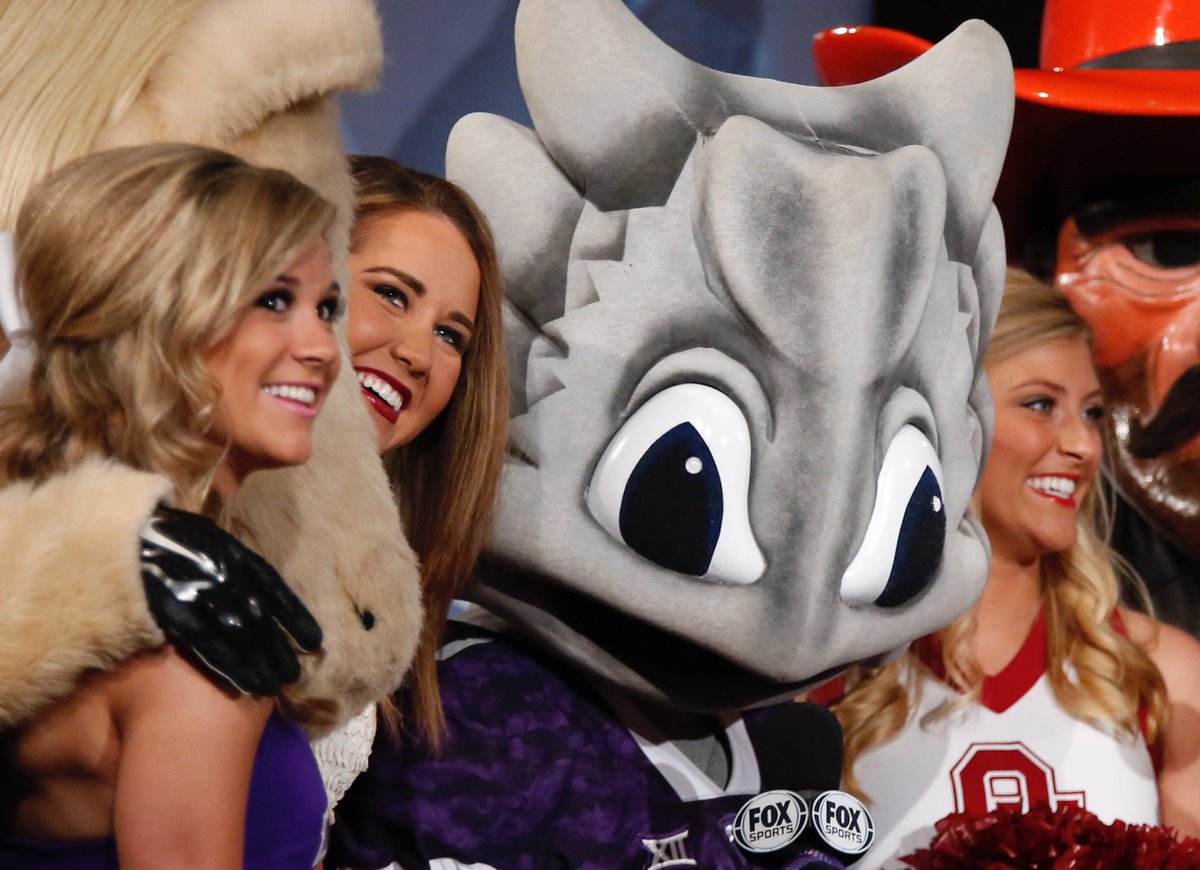 rtennis's tweet photo. The TCU Superfrog with competing school cheerleaders at the Big 12 Football Media Days. 
#Big12 https://t.co/4v9saTUO4Z