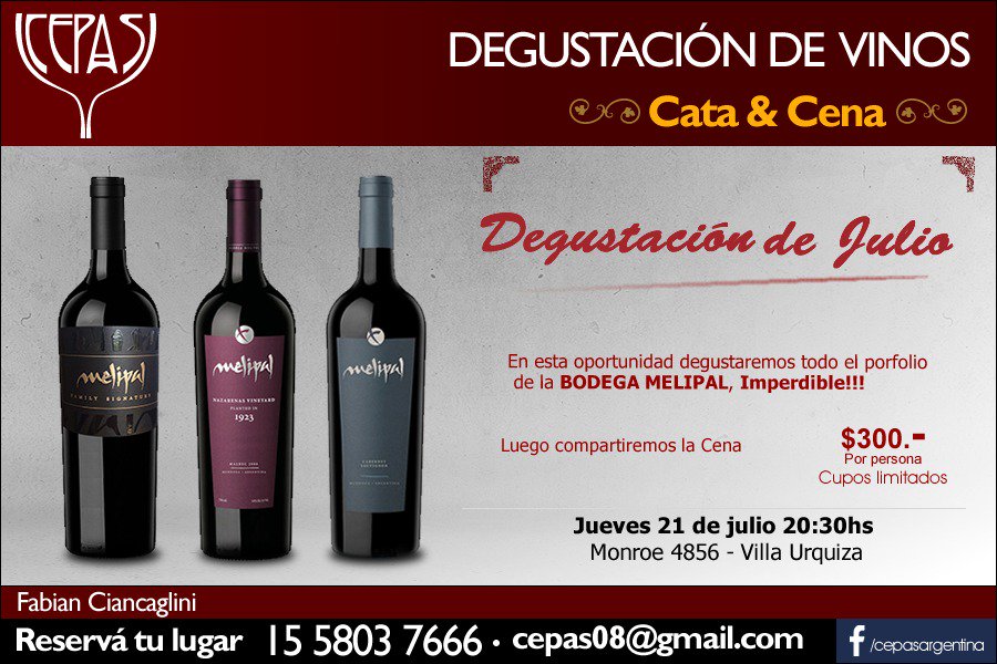 cepas08's tweet photo. CATA&amp;CENA - Jueves 21 de julio
Reserva tu lugar, Te esperamos!!!
cepas08@gmail.com / 1558037666 https://t.co/o5Kvrq48MJ