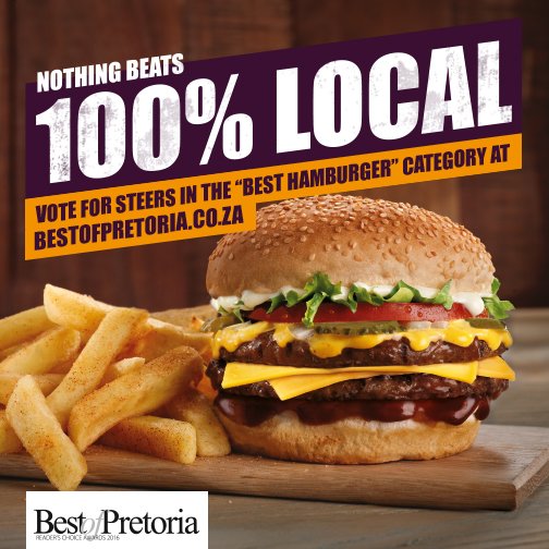 SteersSA's tweet photo. Pretoria, who has the best burger? Maybe it’s that 100% pure beef, flame-grilled place? Vote https://t.co/NL8zS7wCiR https://t.co/yRRU29RFuI