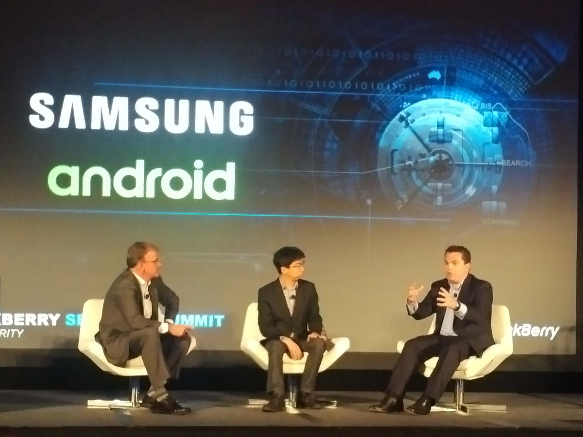 bobegan's tweet image. Google and Samsung on stage w/ BlackBerry. Unlikely pairing even 5 years ago. Now necessary and good. #BBSecurity