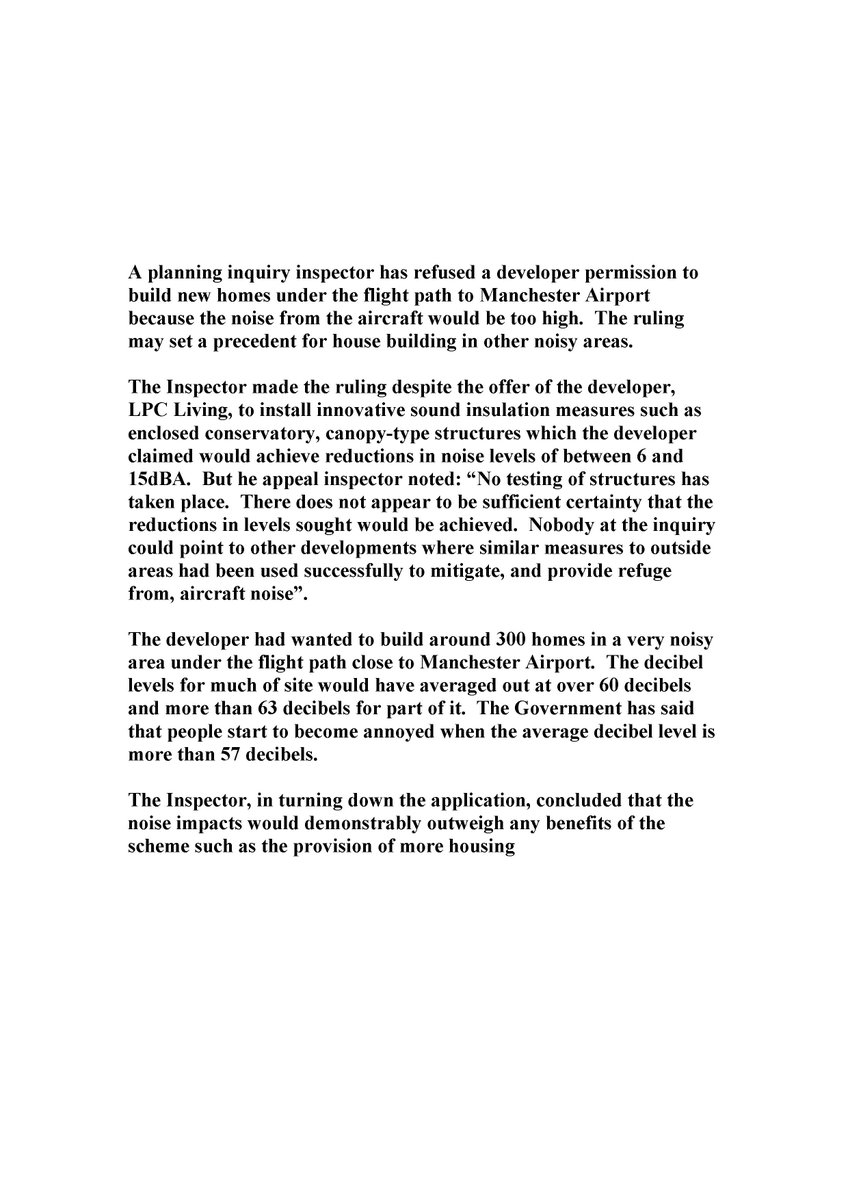 cutnoise's tweet photo. In a significant ruling a developer has been refused permission to build homes nr Manchester Airport due to noise https://t.co/ncnxE8G9nz