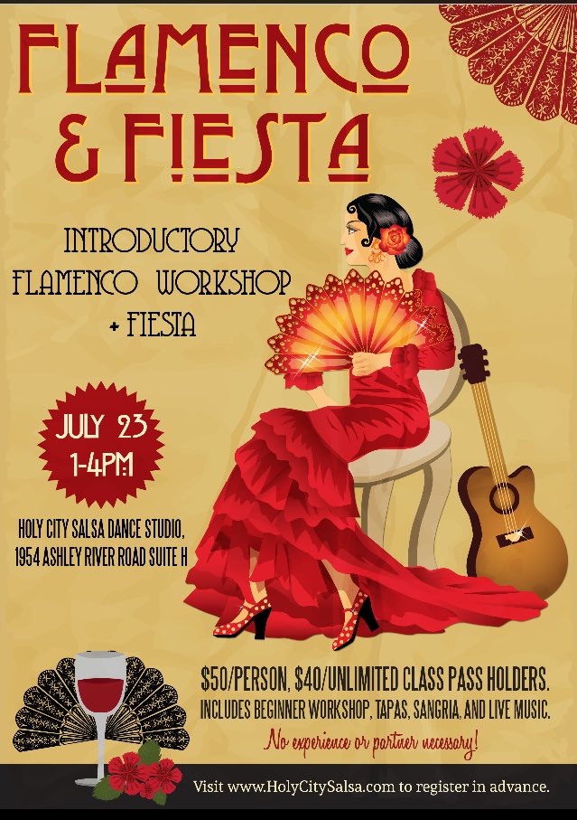 We are excited to have a flamenco workshop this Saturday! Come get your #dance on. #hot for #summer in #chs