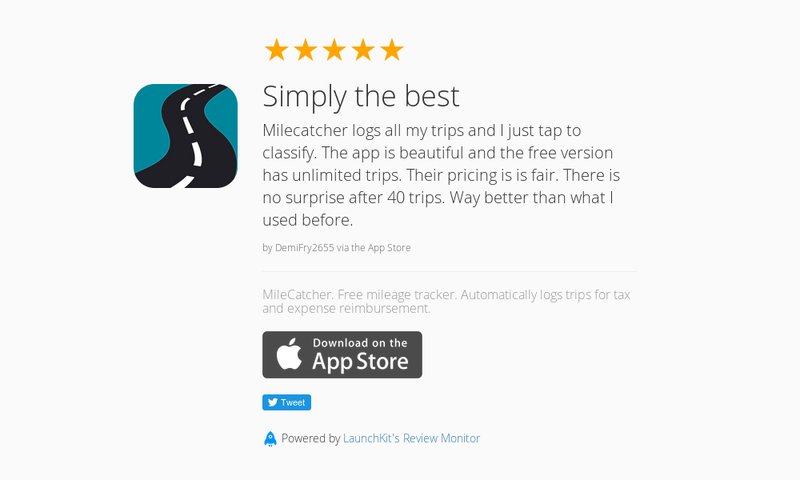 MileCatcher_app's tweet photo. 5 Star Review: "Simply the best: Milecatcher logs all my trips and I just tap to classify.…" https://t.co/VHHo4UKq9U https://t.co/XejELi8Pup