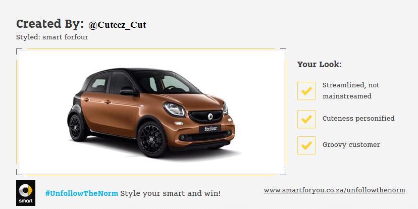 Cuteez_Cut's tweet photo. Woohoo! I just entered to win a funky smart car for a year! Enter here: https://t.co/71lWWnlLQE #UnfollowTheNorm https://t.co/wKGzMWyrJj