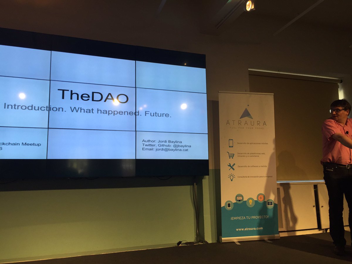 AtrauraLabs's tweet photo. We're gonna talk about #theDAO now.. What happened? #Blockchainbcn @jbaylina @BlockchainBCN https://t.co/ImHndyOLZK
